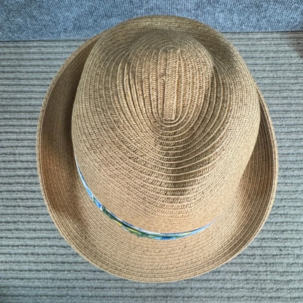 Rima Beach World Straw Fedora Hat Tan Tropical Print Band OS R-200